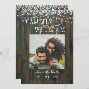 RUSTIC WOOD LIGHTS LACE PHOTO Wedding Save Date Invitation