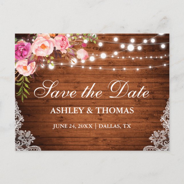Rustic Wood Lights Lace Pink Floral Save the Date Announcement Postcard (Front)