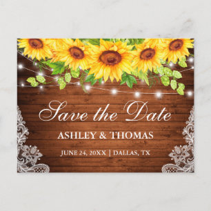 Rustic Wood Lights Lace Sunflowers Save the Date Announcement Postcard