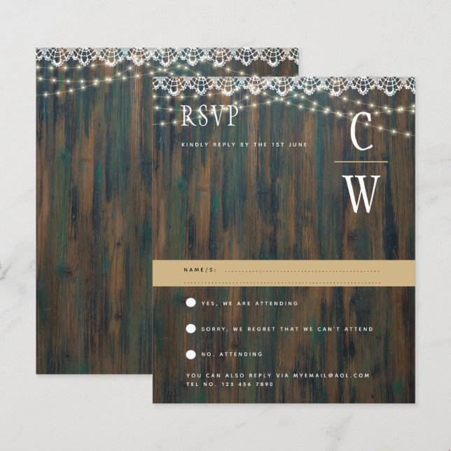 RUSTIC WOOD LIGHTS LACE Wedding RSVP (Front/Back)