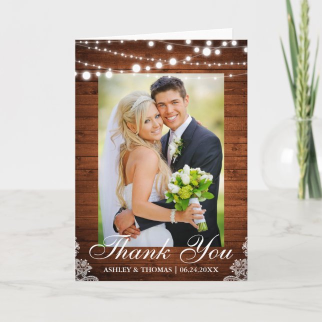 Rustic Wood Lights Lace Wedding Thank You Fold (Front)