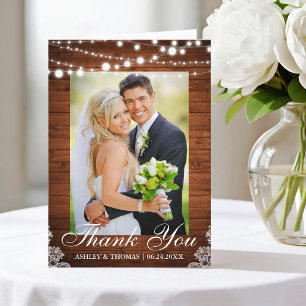 Rustic Wood Lights Lace Wedding Thank You Fold Card