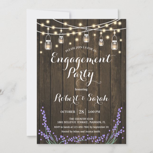 Rustic Wood Lights Lavender Engagement Party Invitation (Front)
