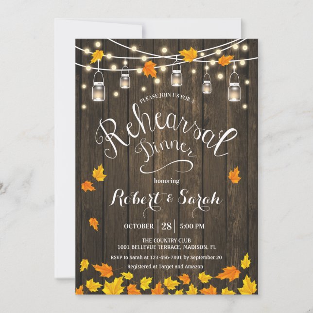 Rustic Wood Lights Leaves Rehearsal Dinner Invitation (Front)