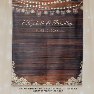Rustic Wood Lights Mason Jar Wedding Backdrop Tapestry