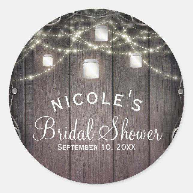 Rustic Wood Lights & Mason Jars Flourish Wedding Classic Round Sticker (Front)