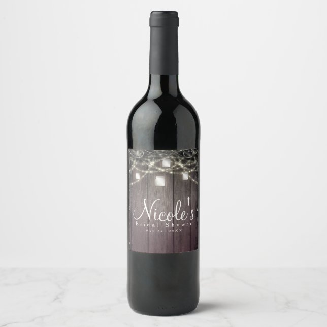 Rustic Wood Lights & Mason Jars Flourish Wine Label (Front)