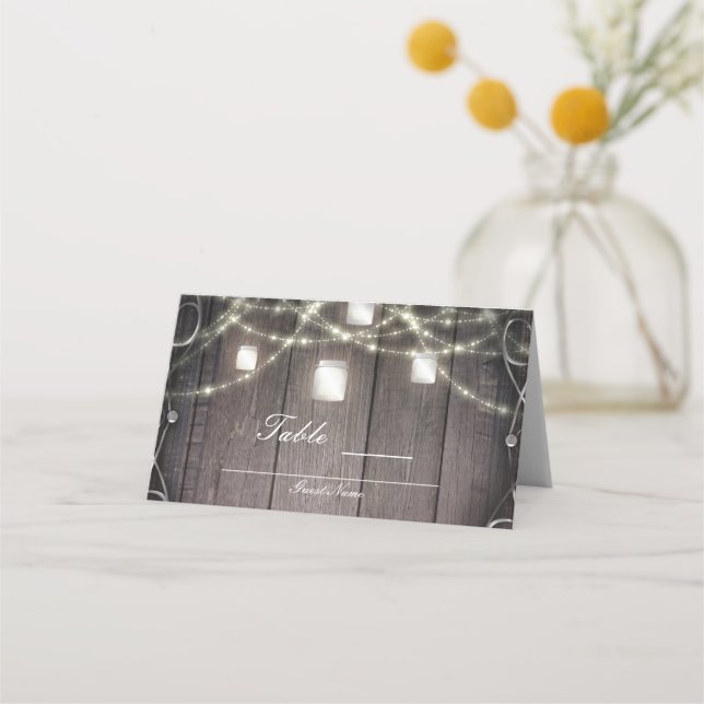 Rustic Wood Lights & Mason Jars Wedding Table Place Card (Back)