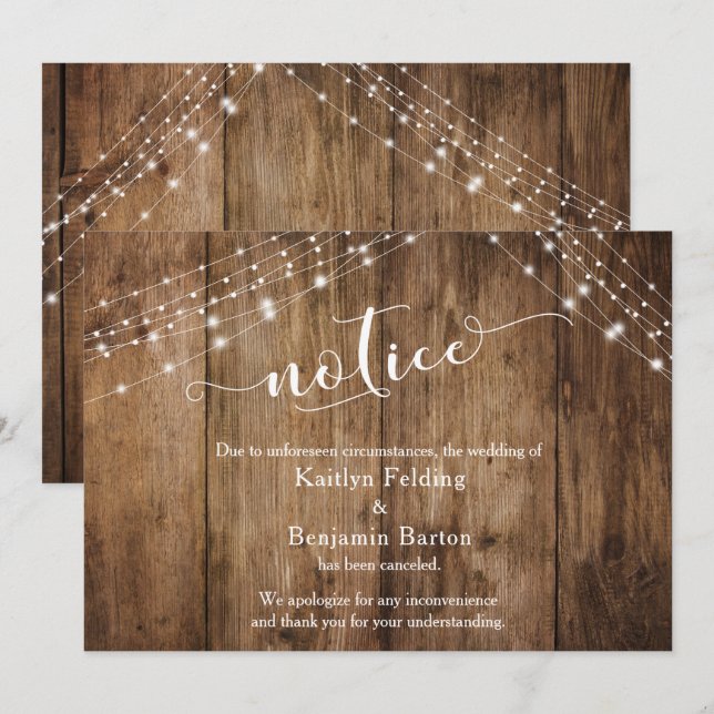 Rustic Wood & Lights Notice Cancelled Wedding Card (Front/Back)