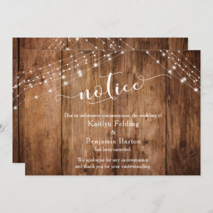 Rustic Wood & Lights Notice Cancelled Wedding Card