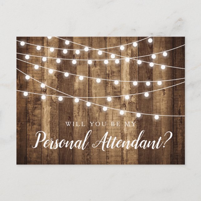Rustic Wood & Lights Personal Attendant Proposal Postcard (Front)