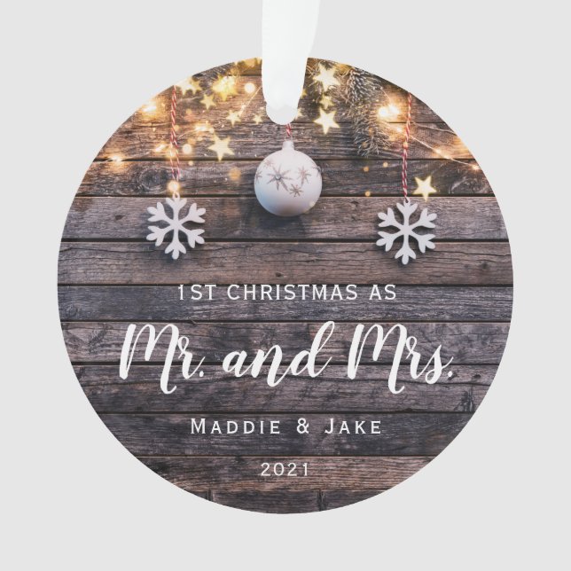 Rustic Wood Lights Photo First Christmas Married Ornament (Front)
