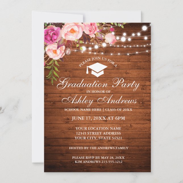Rustic Wood Lights Pink Graduation Party Invite (Front)