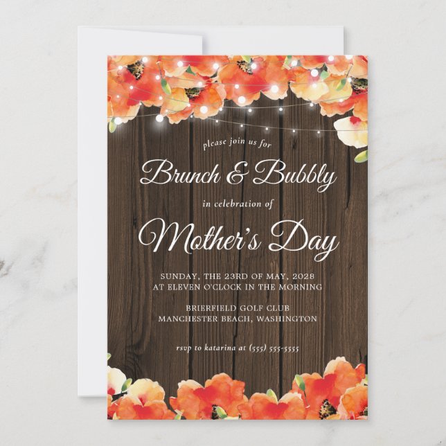 Rustic Wood Lights Poppy Mothers Day Brunch Invitation (Front)