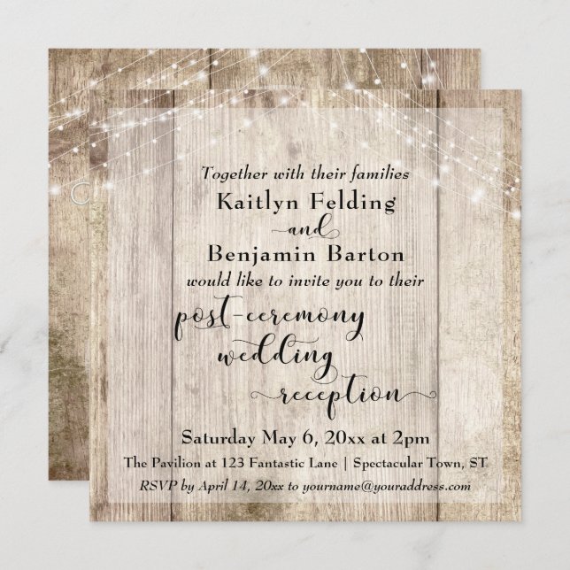 Rustic Wood Lights Post Ceremony Wedding Reception Invitation (Front/Back)