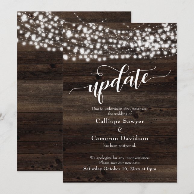 Rustic Wood & Lights Postponed Wedding Update Card (Front/Back)
