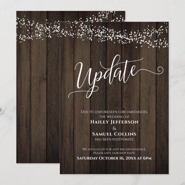 Rustic Wood & Lights Postponed Wedding Update Card (Front/Back)