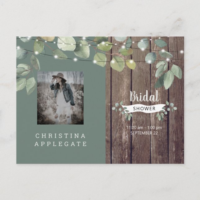 Rustic Wood & Lights Sage Bridal Shower  Invitation Postcard (Front)