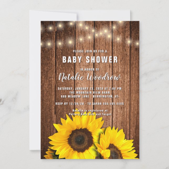 Rustic Wood Lights Sunflower Baby Shower Invitation (Front)