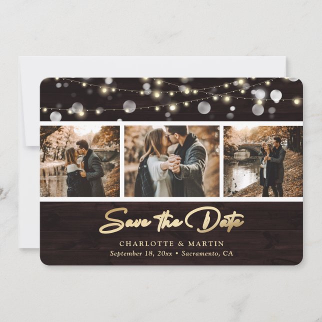 Rustic Wood Lights Wedding Photo Save The Date (Front)
