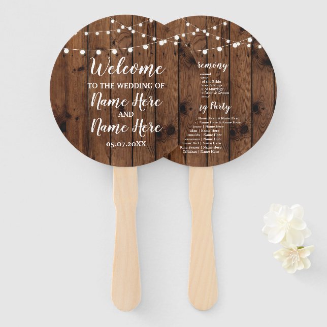 Rustic Wood Lights Wedding Programme Fan (Front and Back)