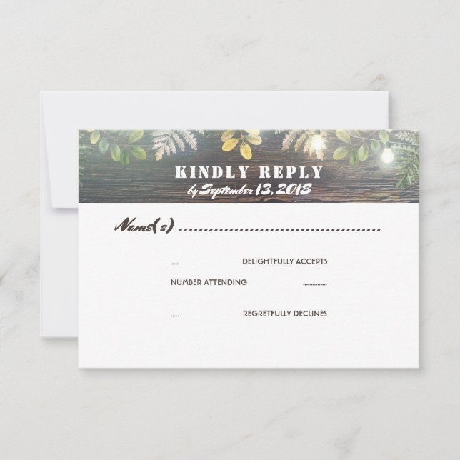 Rustic Wood Lights Wedding RSVP Card (Front)