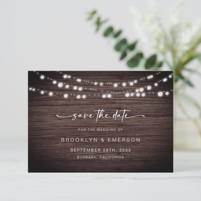 Rustic Wood Lights Wedding Save The Date (Standing Front)