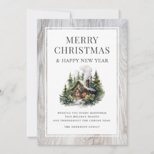 Rustic Wood Log Cabin Snow Christmas New Year Card