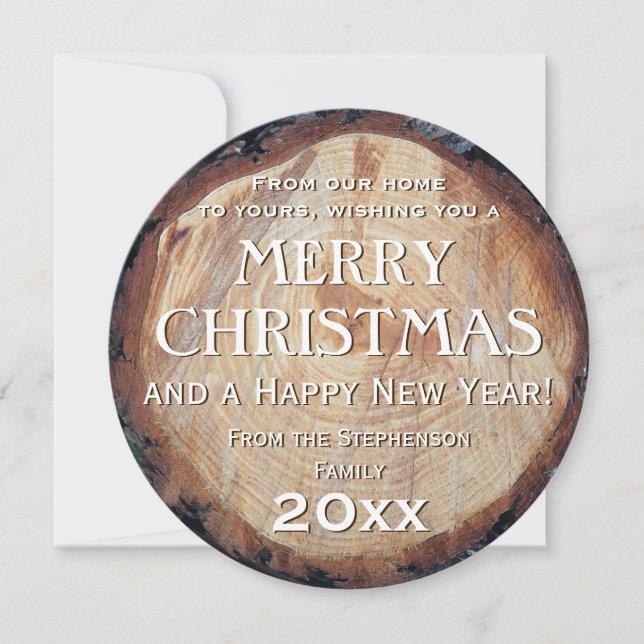 Rustic Wood Log Cut Tree Custom Christmas Greeting Holiday Card (Front)