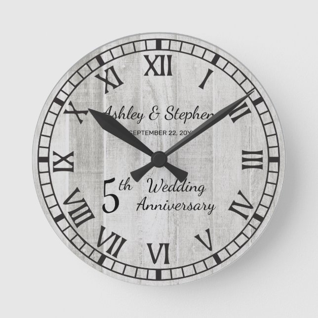 Rustic Wood Look 5th Wedding Anniversary  Round Clock (Front)