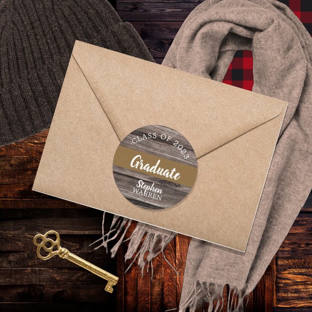 Rustic Wood Look Graduate Class of 2023 | Name Classic Round Sticker (Creator Uploaded)