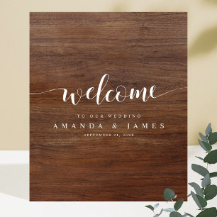 Rustic Wood Look Modern Script Wedding Welcome Poster