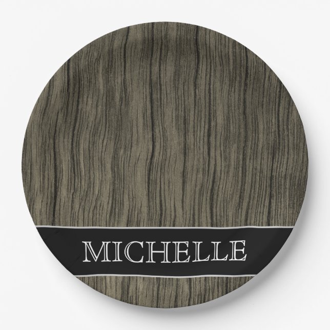 Rustic Wood Look Pattern + Custom Name Paper Plate (Front)