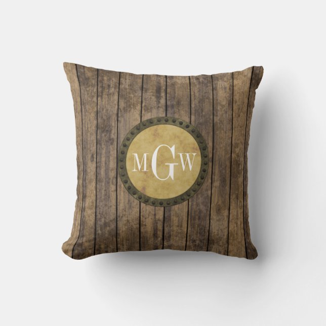 Rustic Wood Look Planks #1 Steampunk 3 Monogram Cushion (Front)