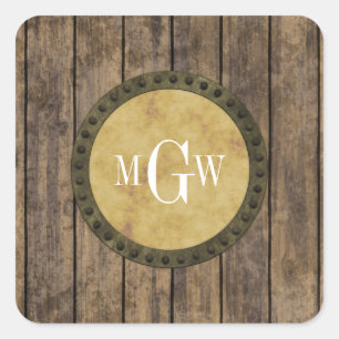 Rustic Wood Look Planks #1 Steampunk 3 Monogram Square Sticker