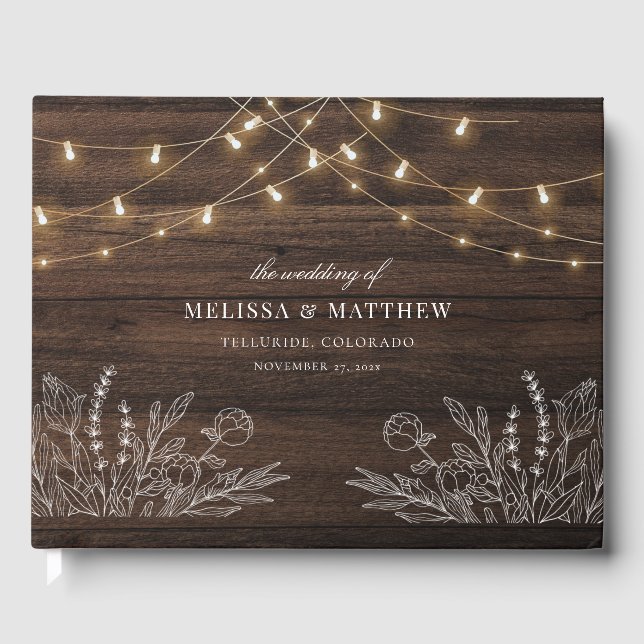 Rustic Wood Look String Lights Wedding Guest Book (Front)