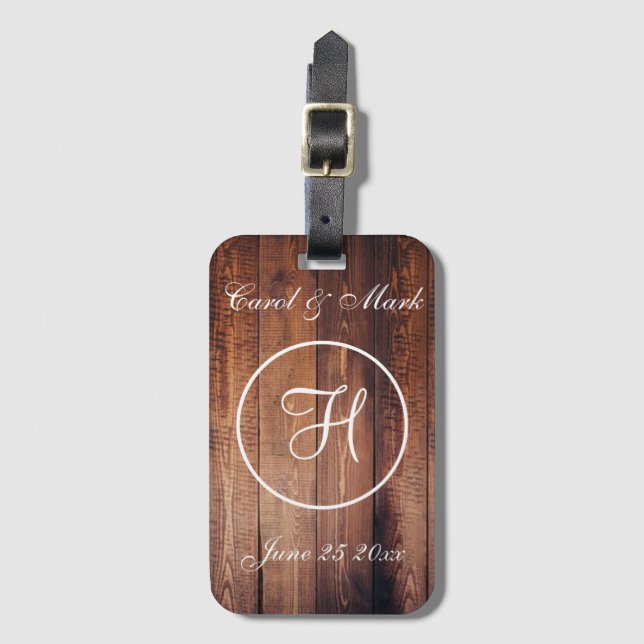 Rustic Wood Look Wedding Monogram Luggage Tag (Front Vertical)