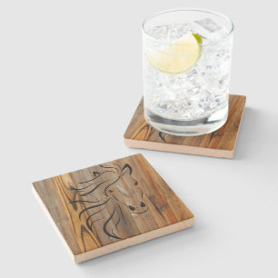 Rustic Wood Look - Wild Horse Head  Stone Coaster