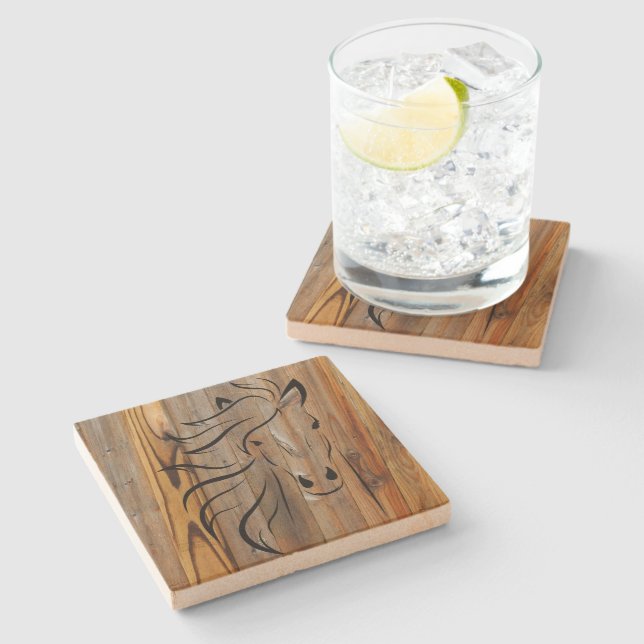Rustic Wood Look - Wild Horse Head  Stone Coaster (Side)