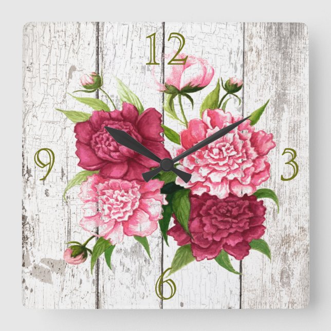 Rustic Wood Look with Peonies Wall Clock (Front)