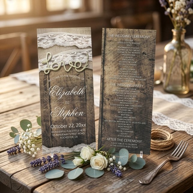 Rustic Wood Love Rope Burlap Lace Wedding Program Programme (Creator Uploaded)