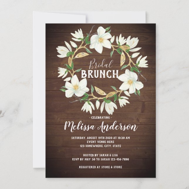 Rustic Wood Magnolia Bridal Brunch Shower Invitation (Front)