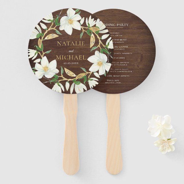Rustic Wood Magnolia Custom Wedding Hand Fan (Front and Back)