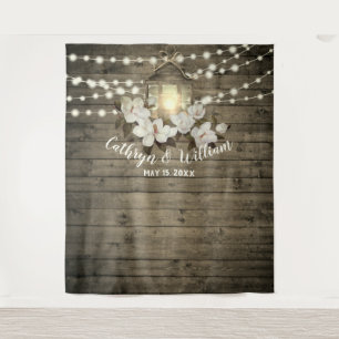 Rustic Wood Magnolia Lantern String Lights Wedding Tapestry