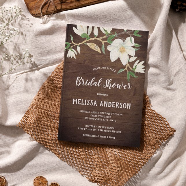 Rustic Wood Magnolia Southern Bridal Shower Invitation (Creator Uploaded)