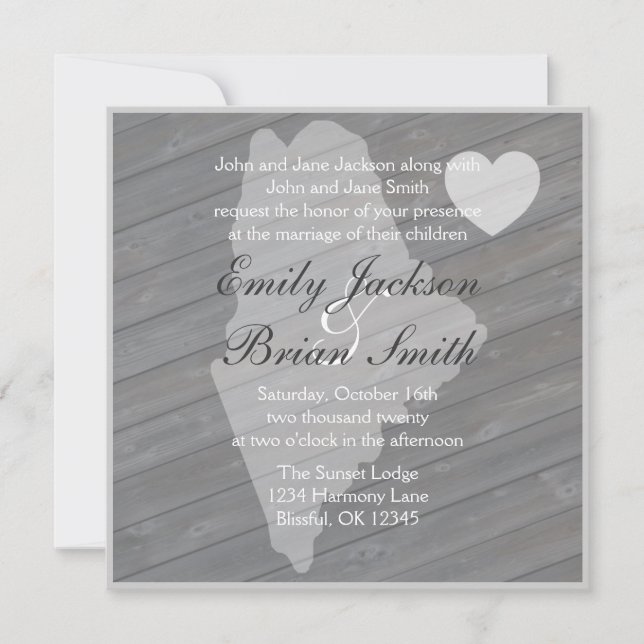 Rustic wood Maine grey wedding invitations (Front)