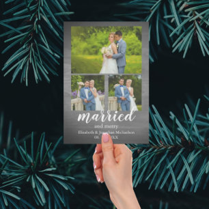 Rustic Wood Married and Merry Photo Collage Holiday Card
