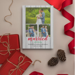 Rustic Wood Married and Merry Photo Collage Holiday Card