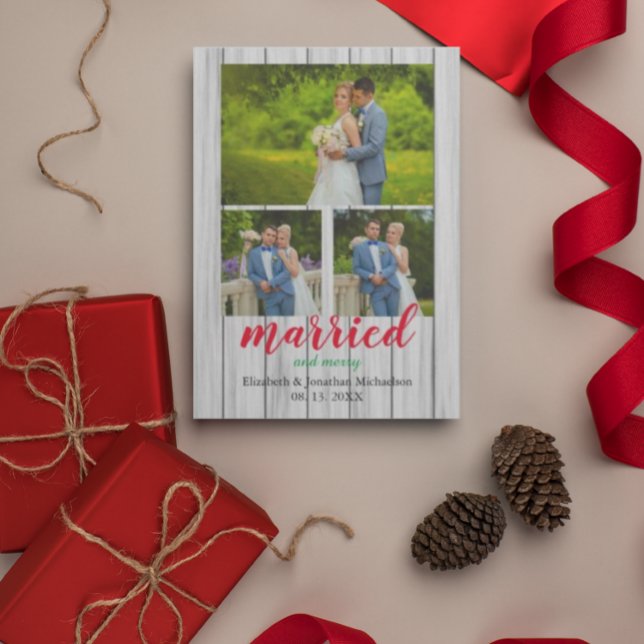 Rustic Wood Married and Merry Photo Collage Holiday Card (Creator Uploaded)