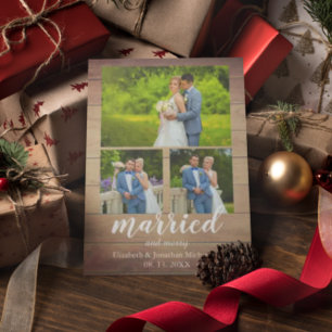 Rustic Wood Married and Merry Photo Collage Holiday Card